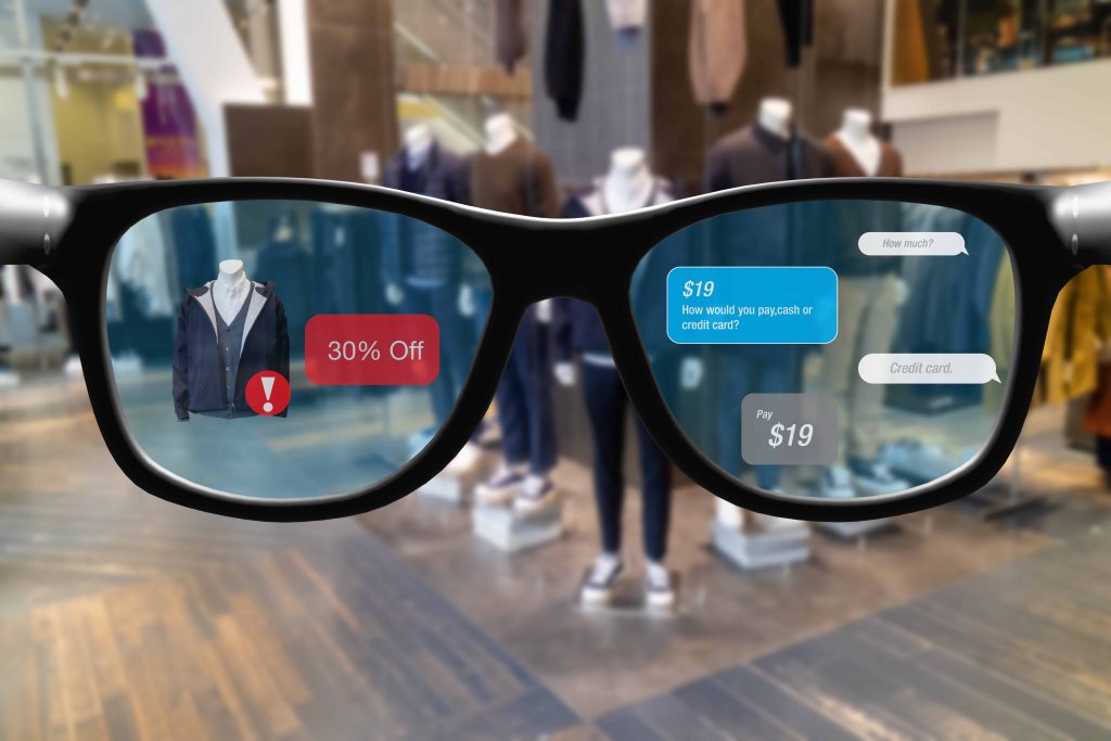 smart glasses with augmented mixed virtual reality in retail concept , customer use artificial intelligence, geofencing and chatbot technology to buy product in superstore