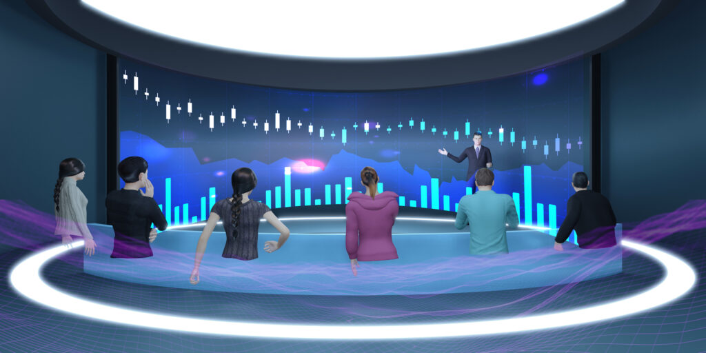 Virtual Reality Soft Skills Presentation Training, Metaverse Classroom Online School VR Camera Avatars in Metaverse Virtual Holograms in Virtual World 3D Illustrations